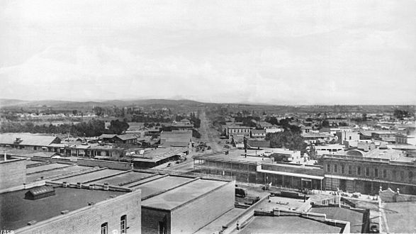 Los Angeles Street and Aliso Street from Baker Block looking east, downtown Los Angeles, 1885 (CHS-1859)