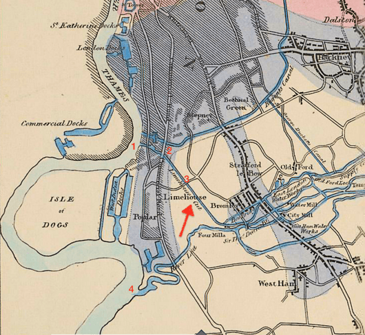 Map of the southern end of the River Lee Navigation