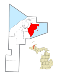 Location within Houghton County (red) with the administered portion of the Hubbell community (pink)