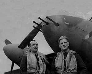 Braham (right) with his long-serving radio and radar operator Wing Commander Bill "Sticks" Gregory, 1943. Gregory survived the war and died in 2001