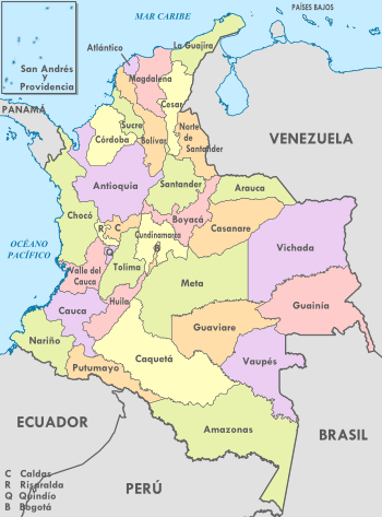 Colombia, administrative divisions - es - colored (+box)