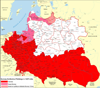 The Crown of the Kingdom of Poland (red) within the Polish–Lithuanian Commonwealth in 1635.