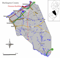 Map of the former Florence-Roebling CDP in Burlington County. Inset: Location of Burlington County in New Jersey.