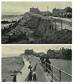 Hornsea seafront 1906 after storm and 1910 after construction of sea wall