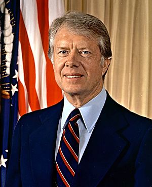 Portrait of Jimmy Carter in a dark blue suit
