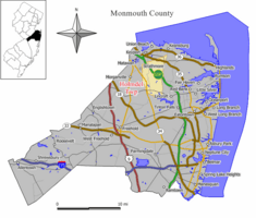 Map of Holmdel Township in Monmouth County. Inset: Location of Monmouth County in the State of New Jersey.