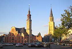 Sint Truiden Grote Markt  with eighteenth-century Stadhuis and Lievenvrouwenkerk