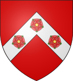 Gules, on a chevron argent three roses of the first
