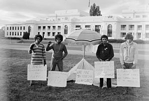 First day of the Aboriginal Tent Embassy, outside Parliament House, Canberra, 27 January 1972. Left to right- Billy Craigie, Bert Williams, Michael Anderson and Tony Coorey. (38934424564) (cropped).jpg