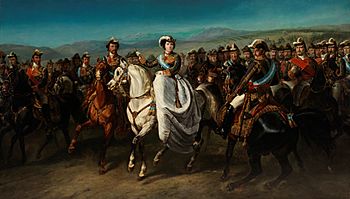 Isabel II y su Estado Mayor, a caballo
