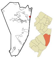 Map of Dover Beaches North CDP in Ocean County. Inset: Location of Ocean County in New Jersey.