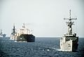 USS Hawes (FFG-53), USS William H. Standley (CG-32) and USS Guadalcanal (LPH-7) escort tanker Gas King in the Persian Gullf on 21 October 1987 (6432283)