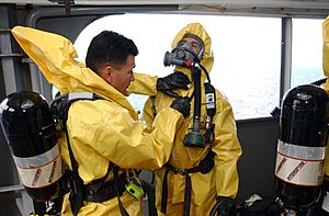 US Navy 040117-N-0331L-023 Nuclear, Biological, and Chemical (NBC) disposal technicians from the 1st Marines 1st Battalion prepare to search the Military Sealift Command (MSC) combat stores ship USNS Saturn (T-AFS 10)
