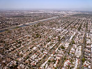 The Wrigley neighborhood of Long Beach, California. Willow Street runs from the right side of the photo, through the center of the neighborhood, to the bridge crossing the Los Angeles River on the left.