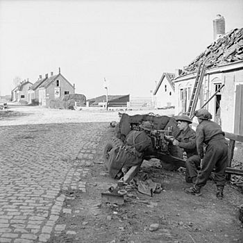 6-pdr anti-tank gun of the 4th Hallamshires, 49th Division, guarding the road to Willemstad, Holland, 8 November 1944. B11790