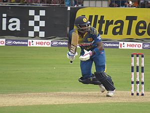 Angelo Mathews clipping a delivery off his legs
