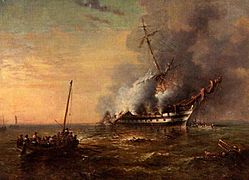 HMS 'Bombay' on Fire at Montevideo, Uruguay, 14 December 1864 by George Cochrane Kerr DOR BRC AH129