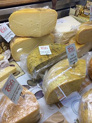 Types of Teifi cheeses on sale at Carmarthen market, Carmarthenshire, Wales