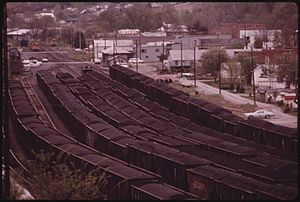 COAL YARD WITH LOADED RAIL CARS READY TO BE SHIPPED TO CUSTOMERS OUT OF DANVILLE, WEST VIRGINIA, NEAR CHARLESTON. IT... - NARA - 556407