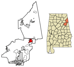 Location of Piedmont in Calhoun County and Cherokee County, Alabama