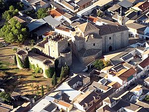 Aerial view of Mascaraque, showing Castle of Juan de Padilla and Mascaraque Church