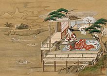 Murasaki Shikibu composing the Tale of Genji at Ishiyamadera, by Yashima Gakutei