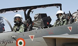 P. V. Sindhu inside the cockpit of twin-seater – HAL’s Light Combat Aircraft (LCA) Tejas, on the 4th Day of the Aero India – 2019 air show, at Air Force Station Yelahanka, Bengaluru on February 23, 2019