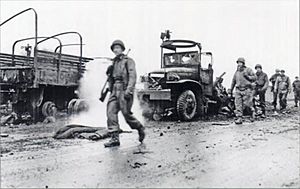 Remagen wrecked trucks 1945