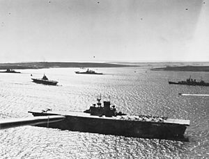 USS Wasp (CV-7) with other warships at Scapa Flow in April 1942
