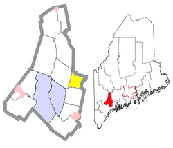 Location of Wales (in yellow) in Androscoggin County and the state of Maine