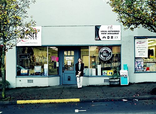 Ellsworth, in front of one of her stores, Computers Made Easy in 2000