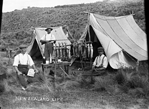 Men at their camp site displaying a catch of rabbits and fish, 1909 (4836053716)