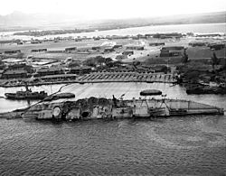 Righting of the USS Oklahoma with winches on Ford Island