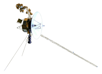 Model of the Voyager spacecraft, a small-bodied spacecraft with a large, central dish and many arms and antennas extending from it