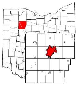 Findlay's position within Hancock County (foreground) and Ohio (background)