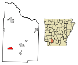 Location of Bodcaw in Nevada County, Arkansas.