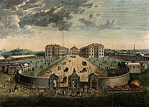 A bird's-eye view of the Foundling Hospital courtyard. Coloured engraving after L. P. Boitard, 1753.
