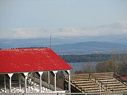 Essex County Fairgrounds in Westport, with Lake Champlain and Vermont in the background