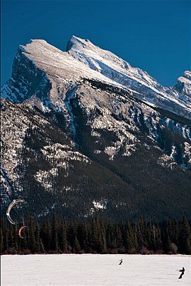 Kite skiing by Mt. Rundle, Banff N.P., AB, Canada