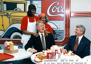 Photograph of President William Jefferson Clinton and Georgia Governor Zell Miller Eating at The Varsity Diner in Atlanta, Georgia - NARA - 5722808