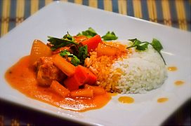 Chicken Afritada on white rice with pineapple tidbits (Philippines) 2