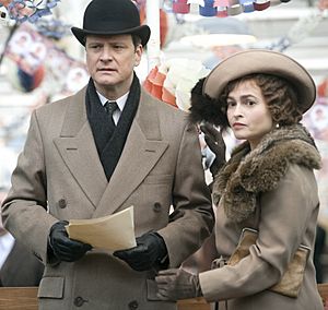 Colin Firth and Helena Bonham Carter filming (cropped)