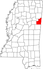 Map of Mississippi highlighting Lowndes County