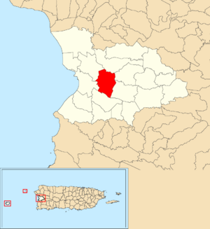 Location of Mayagüez Arriba within the municipality of Mayagüez shown in red
