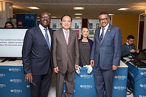 Mukhisa Kituyi, Houlin Zhao, Tedros Adhanom Ghebreyesus with Sophia - AI for Good Global Summit 2018 (41223188035)