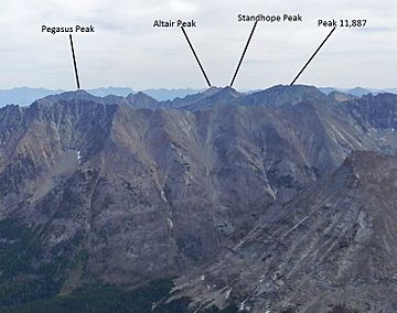 A photo of Pegasus and surrounding peaks viewed from the summit of Hyndman Peak.