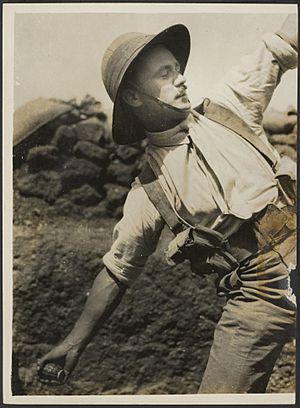 A bombing officer lobbing a Mills grenade, Bestanddeelnr 158-2200