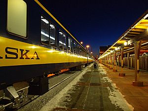 Alaska Railroad train arrives at Fairbanks station