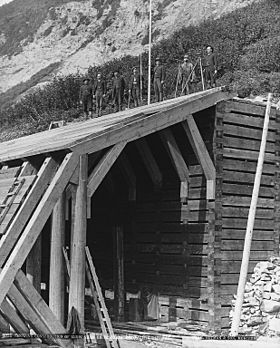 Construction of snow shed on the C.P.R., Glacier Park, BC, 1887, copied about1902 (5323499707).jpg