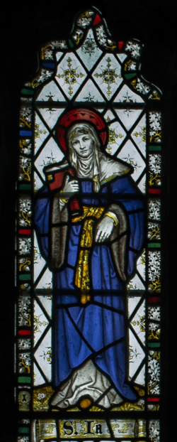 St. Ia stained glass window, St. Olaf's church, Poughill.png